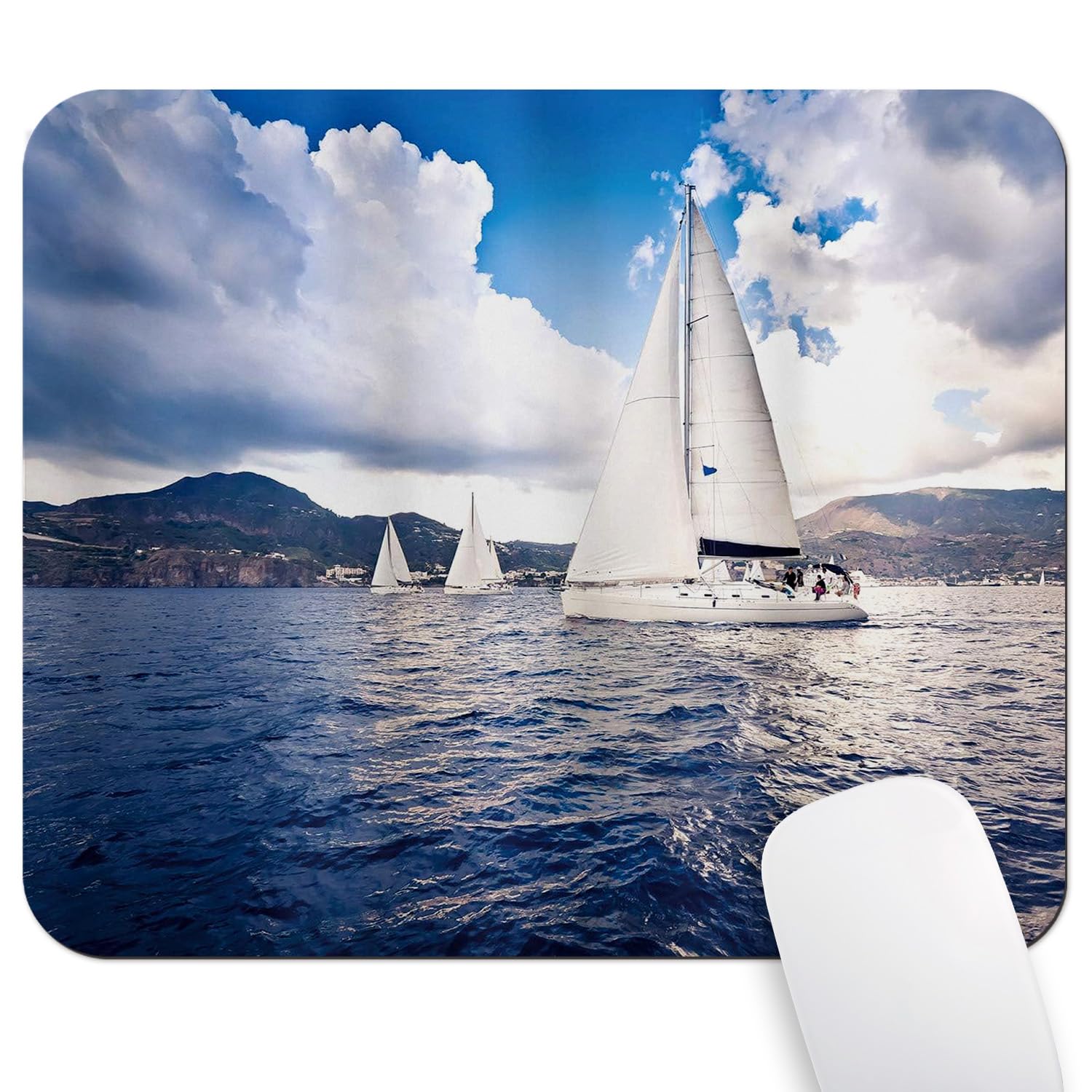 Nautical Sailing Boat and Sails on Sea Waves Cloudy Sky Adventure Photo Print Mouse Pad Ocean Blue