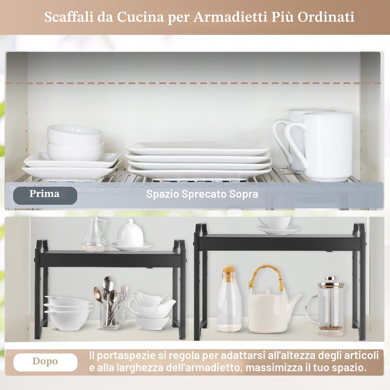 Ripiano Organizzatore per Cucina, Scaffale Espandibile 32-53cm per Pensili, Ripiani Resistente per Top Cucina, Scaffalatura Regolabile in Nero con 3 Altezze, Organizzatore per Desktop e Mobili