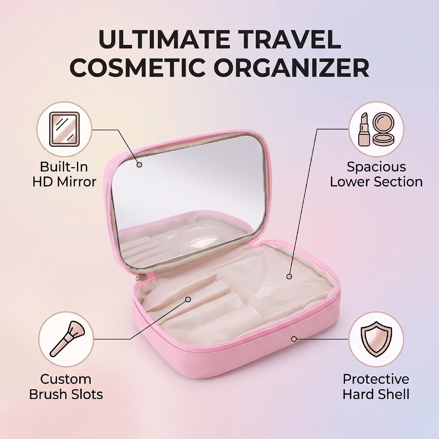 banapoy Travel Makeup Bag with Mirror, Double Layer, Pink image 4