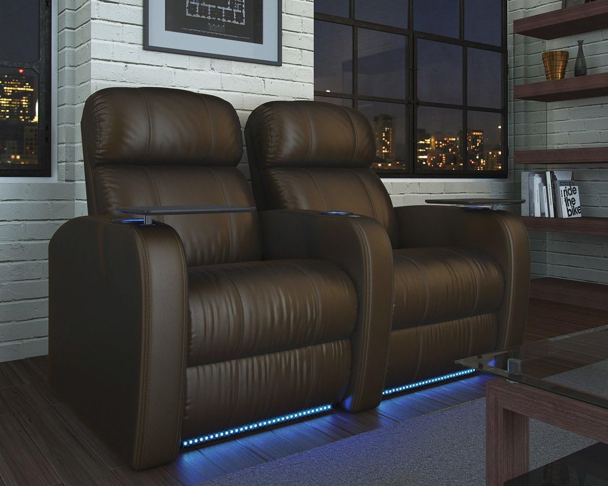 Octane Seating Diesel XS950 Theater Chairs for Home Brown Top-Grain Leather - Power Recline - Accessory Dock - Space Saver - Memory Foam - Straight Row of 2 Seats