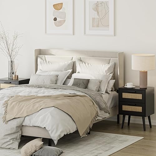 Miniatura 7 de Masupu Mesita de noche de ratán, moderna mesita de noche bohemia con 2 cajones, mesa auxiliar pequeña para dormitorio, sala de estar, oficina, negro