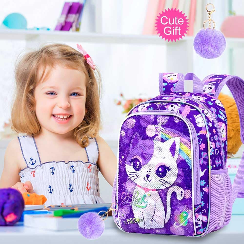 Girls Toddler Cat Backpack, Water Resistant Sequins Kindergarten Bookbag, 13" Preschool Backpacks for Little Kids - Cat Purple - Image 6