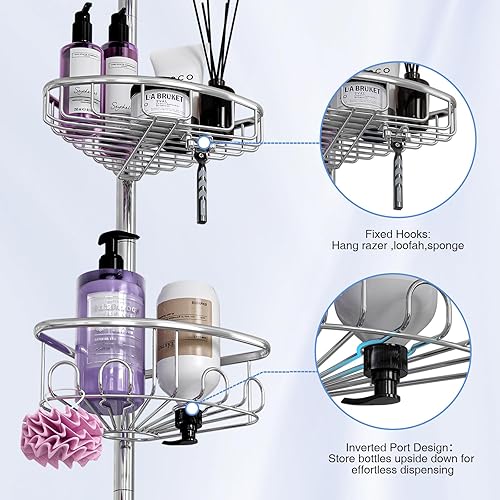 Miniatura 3 de Poste de tensión de esquina para regadera organizador de ducha de 4 niveles de acero inoxidable a prueba de óxido - 47-121 pulgadas estantes de baño