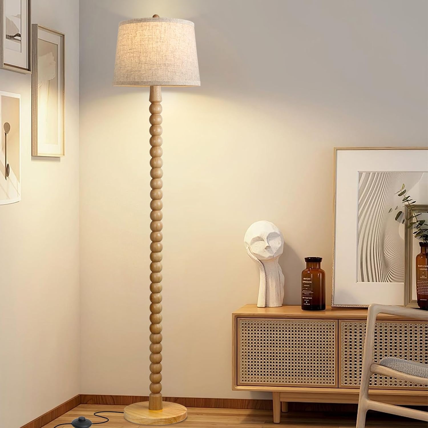 Real Wood Floor Lamp for Living Room,Real Wood Standing Lamp with 3 Color Changing Bulb Included, Tall Lamp with Linen Shade,Farmhouse Floor Lamp for Living Room,Bedroom,Corner,Dining Room and Office
