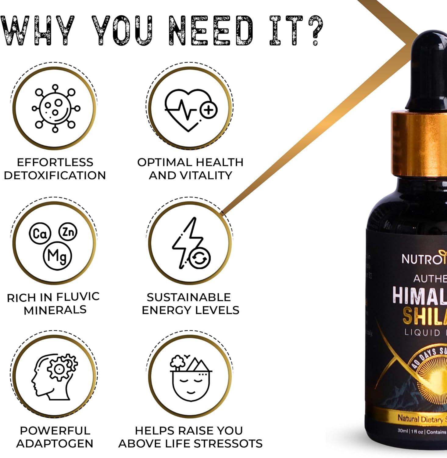 NutroTonic® Authentic Himalayan Shilajit Liquid Drops - Shilajit for Men & Women - 60 Days Sun-Dried – Rare Gold Grade A+ – Natural Source of 86% Fulvic & 10% Humic Acid (30ml) (Pack of 1) - Image 4