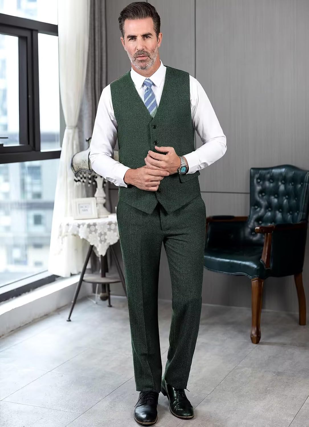 Ceehuteey Men's Retro Dress Suit Pants Thick Wool Flat Front Herringbone Tweed Trousers