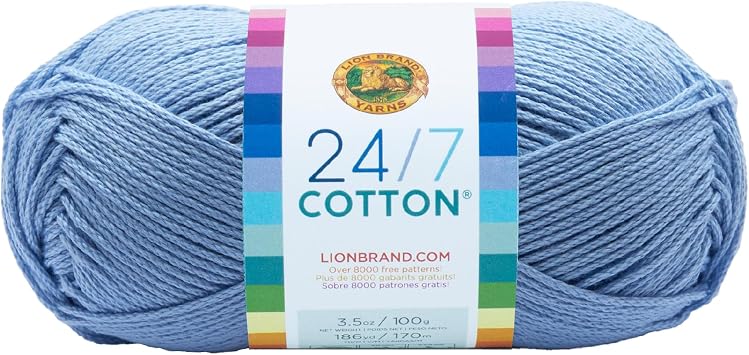 Lion Brand Yarn, 24/7 Cotton Mercerized Lightweight Yarn for Knitting, Crochet, and Crafts, Sky, 1 Pack, 185 Yards of Natural Fiber for Breathable Tops, Durable Bags, and Easy-Care Dish Cloths