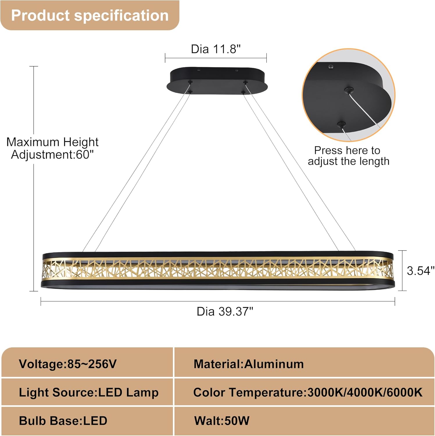 Modern Chandelier with Remote Control, Adjustable LED Chandelier Dimmable Chandeliers for Dining Room Living Room (Black & Gold, 39.4" x 7.87" Oval)
