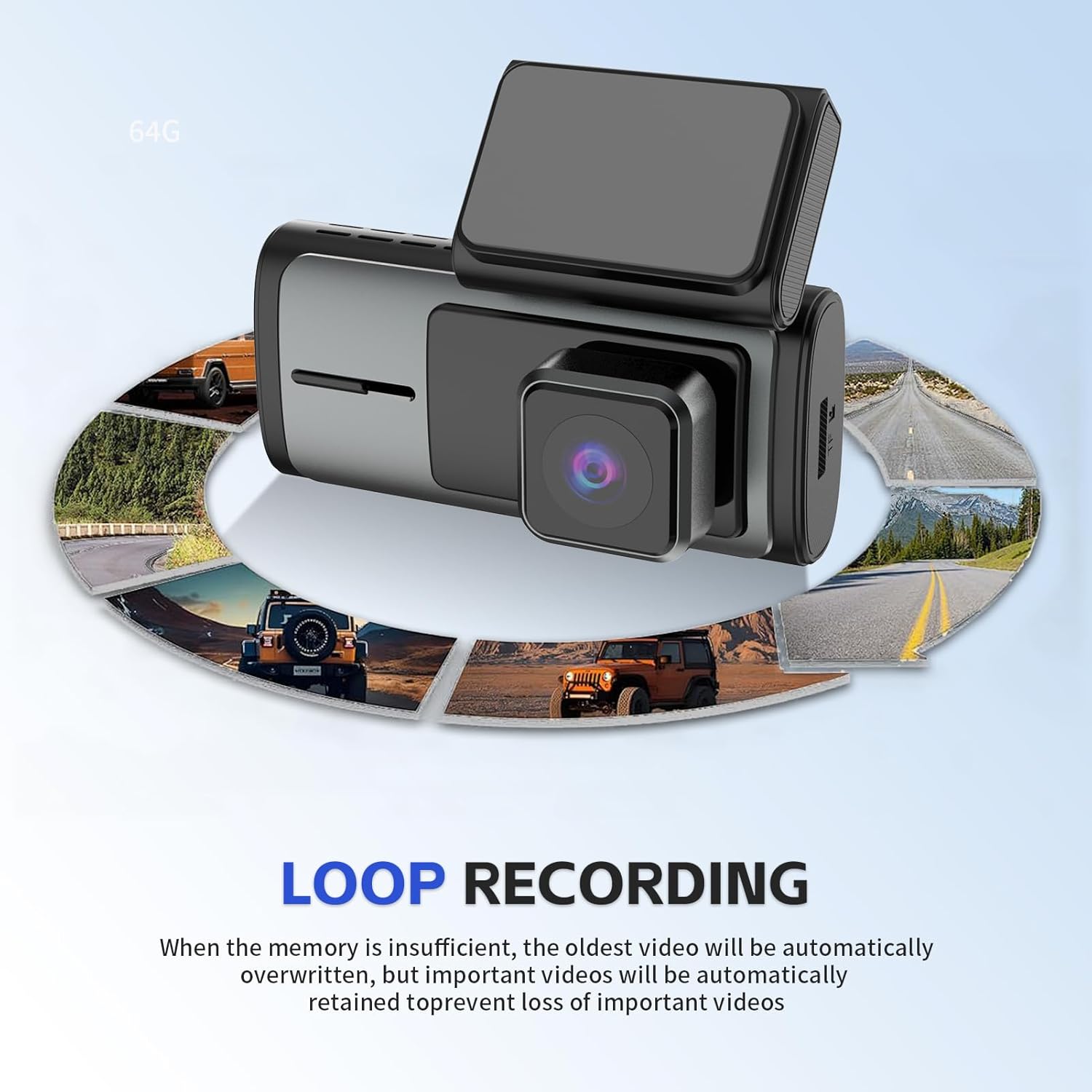 Dual Dash Cam, 1080P Front + 720P Rear, Wi-Fi App Control, Loop Recording, G-Sensor, No SD Card Included