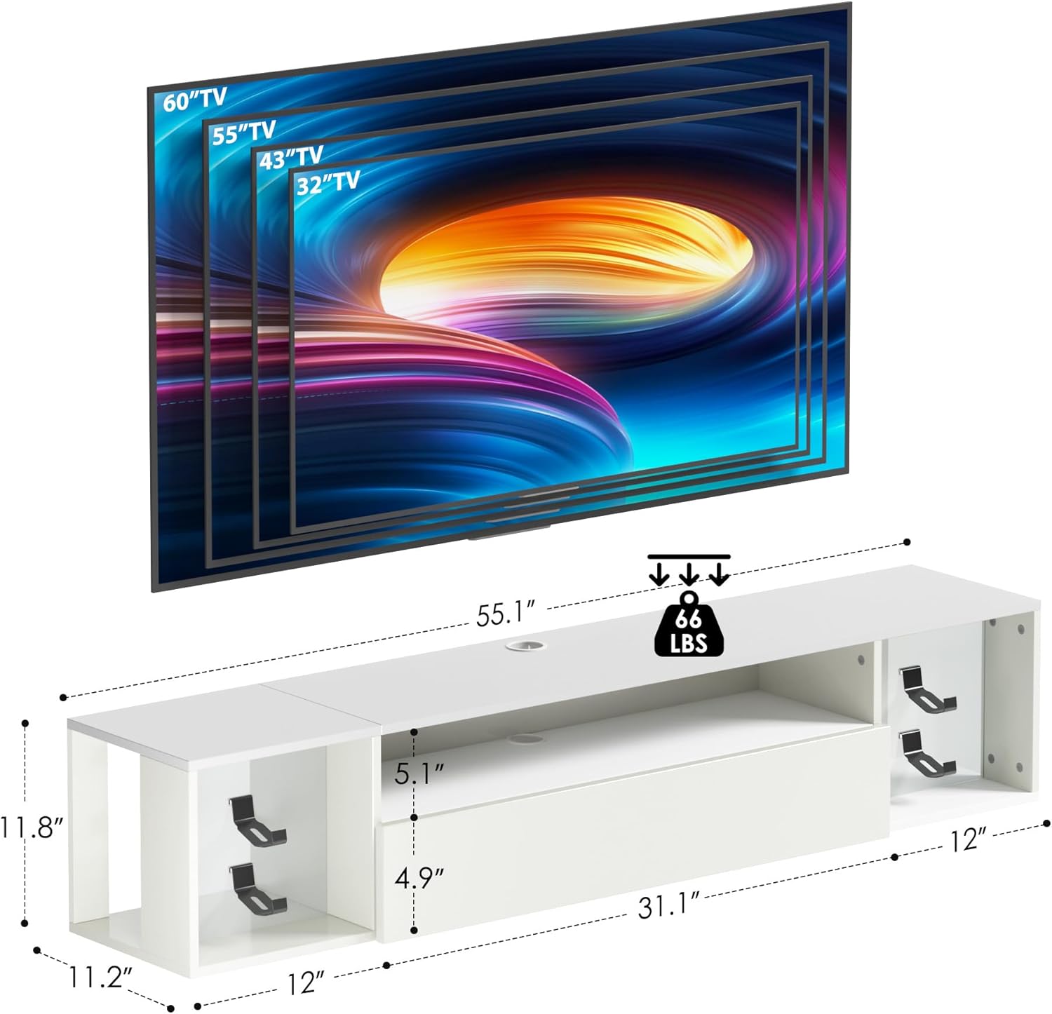 sogesfurniture 55'' Floating TV Stand Wall Mounted with Lights, Floating Entertainment Center with Lights, Modern Media Console with Storage, Wall Mounted LED TV Stand for Living Room