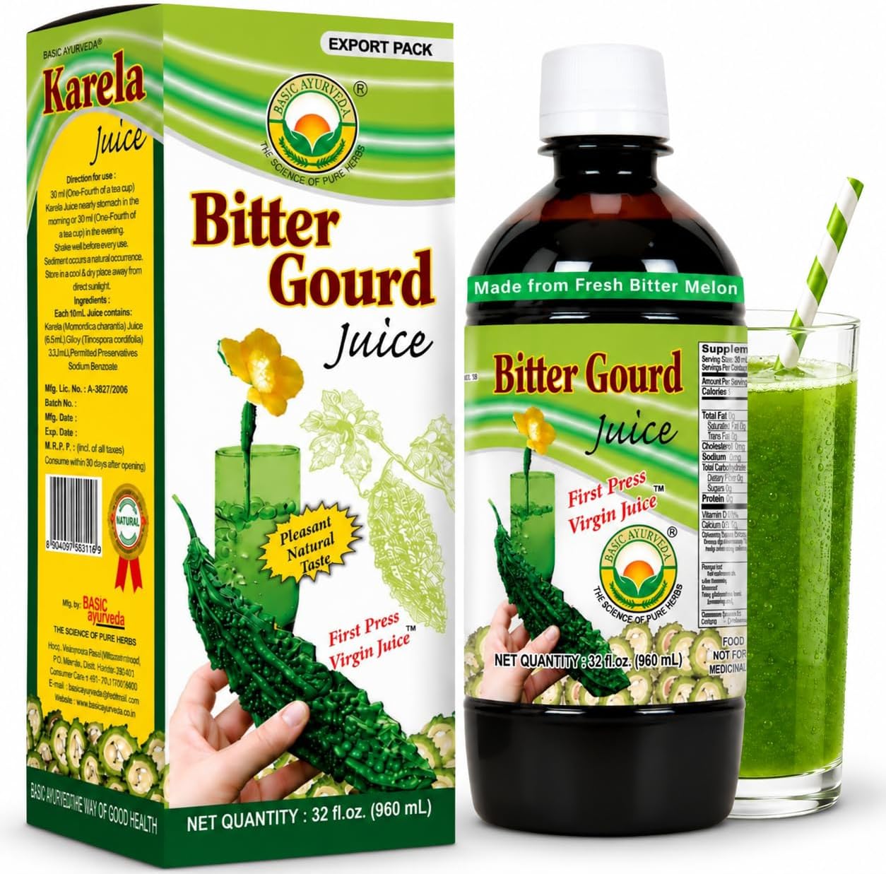 BASIC AYURVEDA Bitter Gourd (Karela) Juice | 32.46 Fl Oz (960ml) | Natural Bitter Melon Juice for Detox Support | Plant Based Ayurvedic Herbal Drink | for Liver Health, Digestion & Immunity