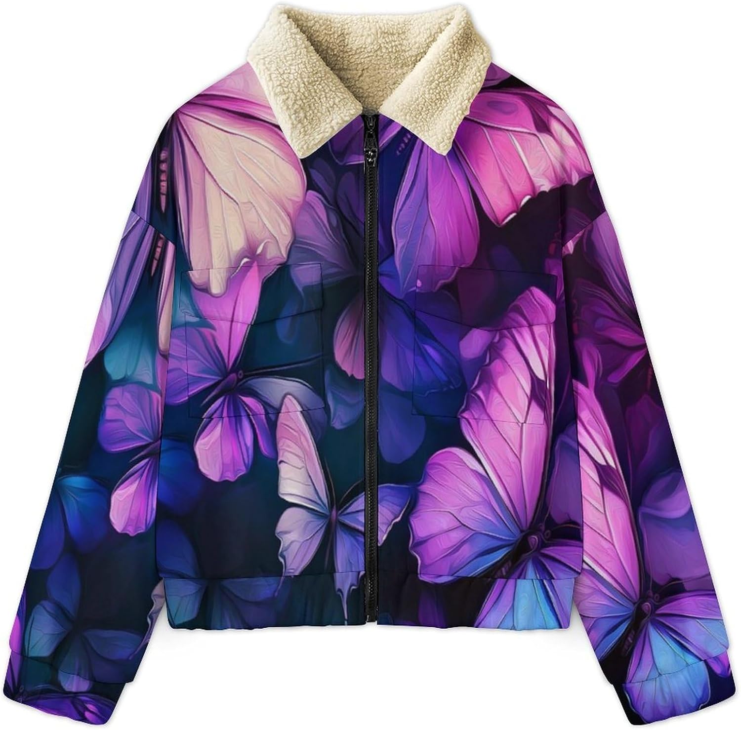 Women Winter Sherpa Lined Fleece Jacket, Long Sleeve Zip Up Butterfly Fuzzy Cropped Coats Warm Soft Polar Outwear