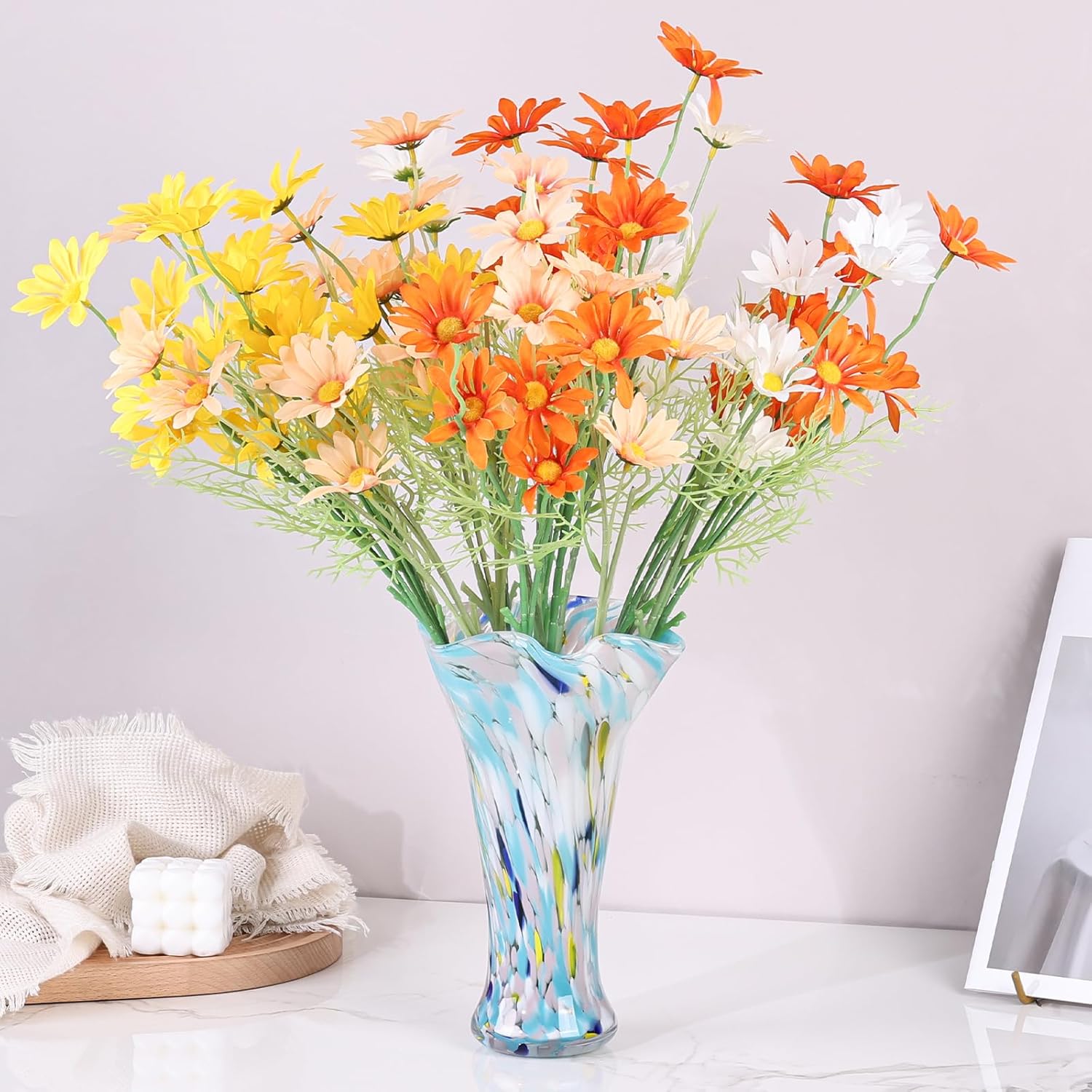 9.0" H Blue Glass Vases for Flowers, Unique Hand Blown Glass Vase Blue Home Decor, Wide Mouth Colorful Flower Vase Centerpieces, for Living Room Table Bookshelf, Bathroom Office Shelf Decorative - Image 4