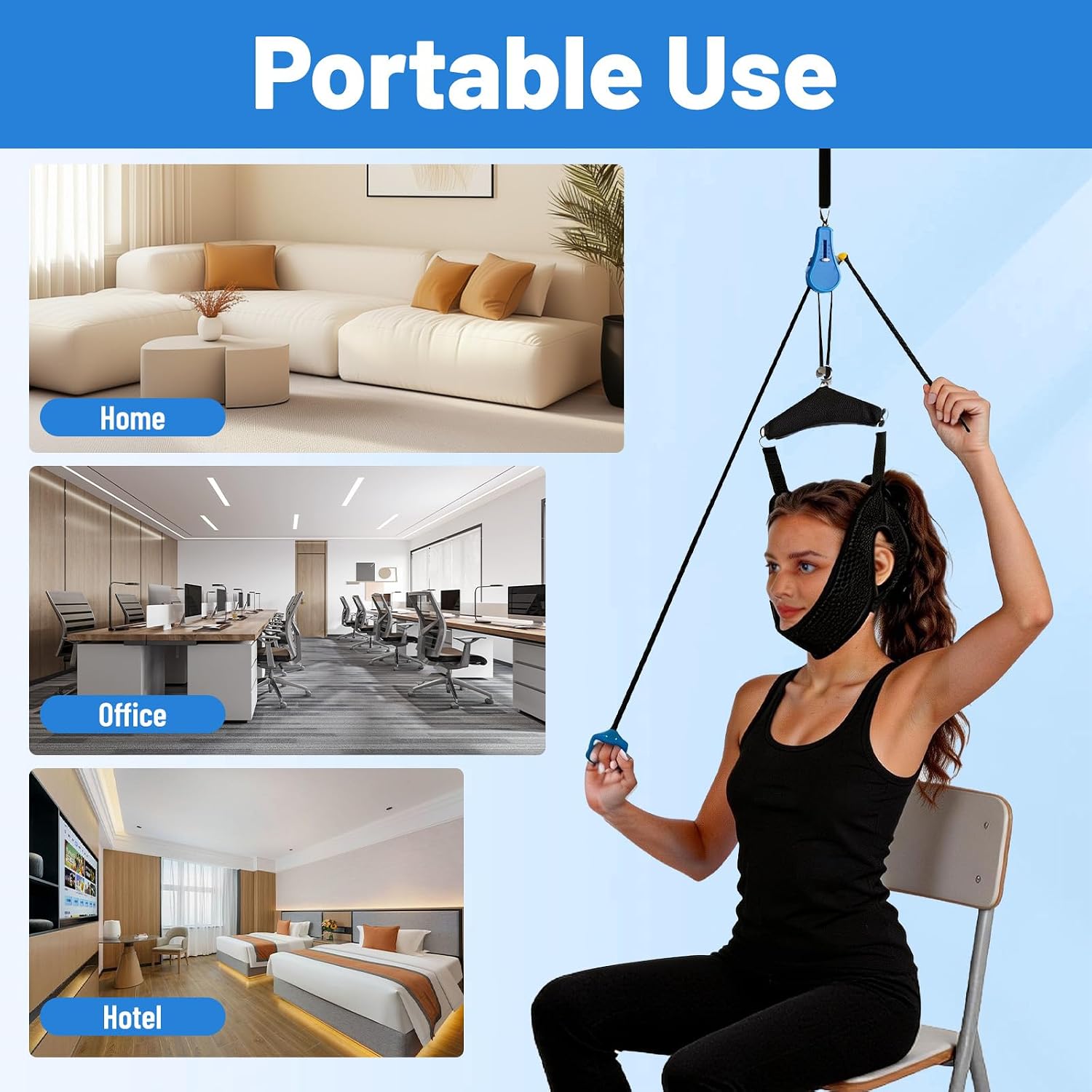 Cervical Neck Traction Device, Over The Door Neck Relief Tool with Ratchet System & Compression Spring, Portable Neck Stretcher for Spine Decompression (Blue)