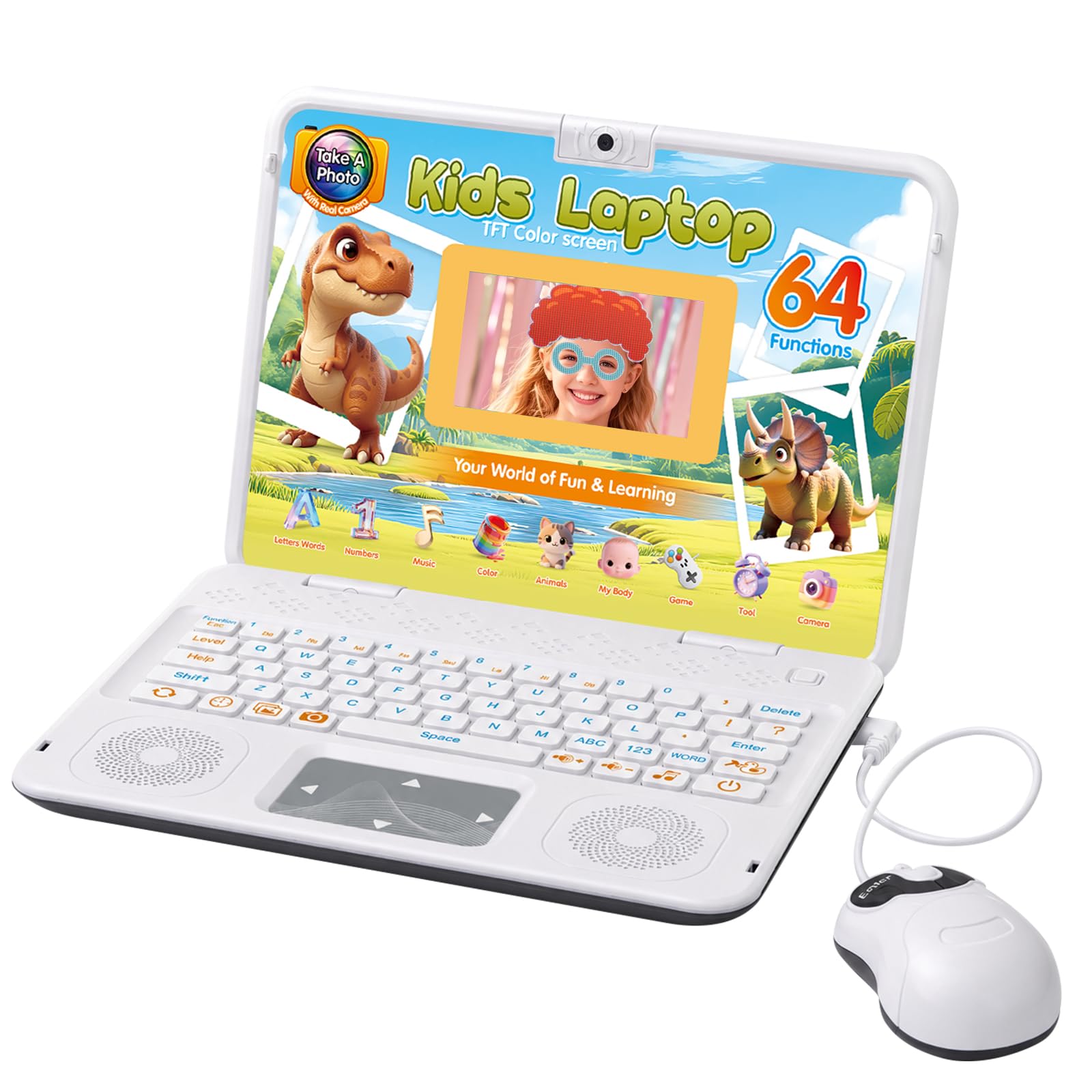 Happiegg Dinosaur Kids Laptop Educational Toy Computer with Camera, White
