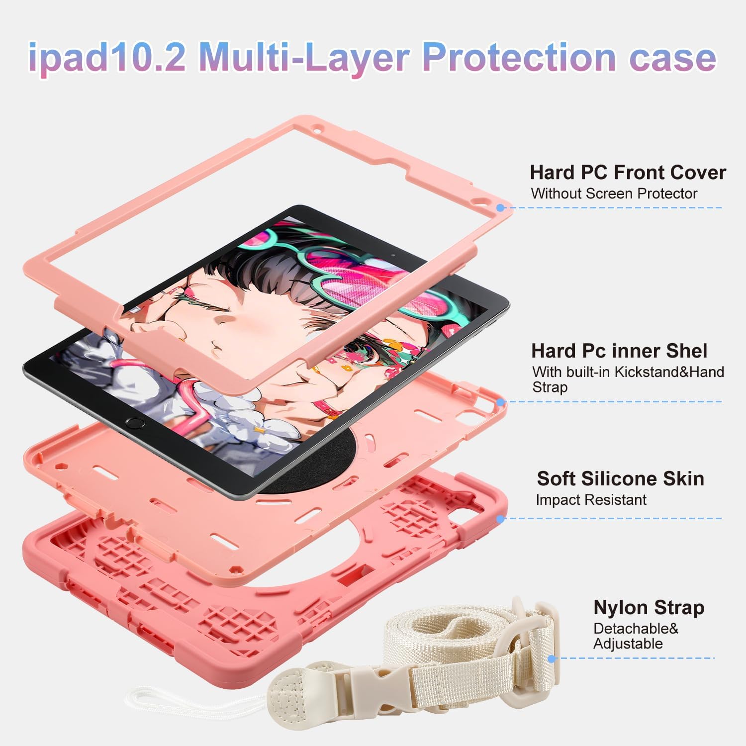 for iPad 9th/8th/7th Generation Case 10.2",Heavy Sturdy Shockproof Kids Cover with Rotating Stand/Pencil Holder/Shoulder Strap for iPad 10.2 Case 2021/2020/2019 Girls (Pink)