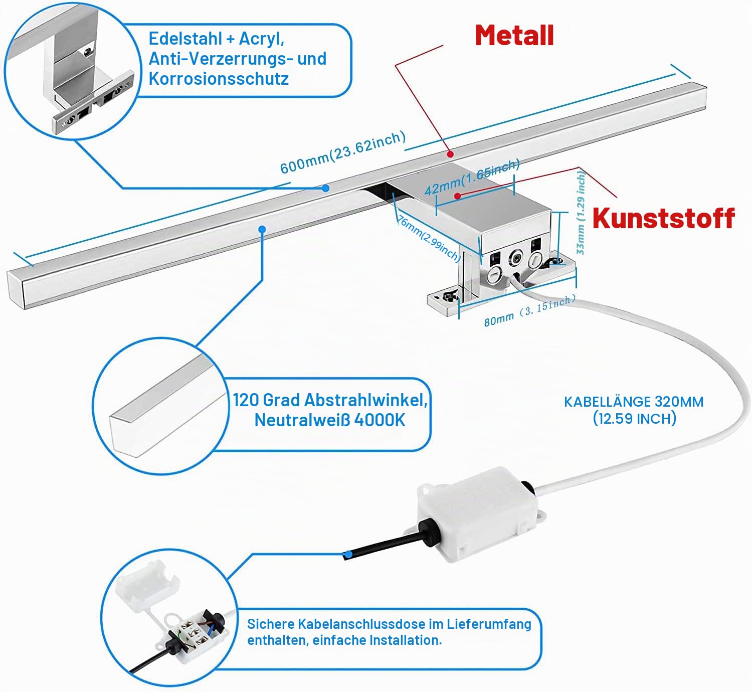 LED Spiegelleuchte Badezimmer 10W 820LM 60cm Neutralweiß 4000K, Slim14mm Breite 3in1 Montage IP44 230V Wandleuchte Spiegellampe 600mm,Kein Flimmern Badezimmerschrank Spiegelleuchten