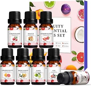 Fruity Essential Oils Set 8x10ml-Coconut, Cranberry, Grapefruit, Strawberry, Peach, Bergamot, Lime, Fig Essential Oil, Pure Aromatherapy Fragrance Oils Gift Set for Diffusers and Home, Candle Making