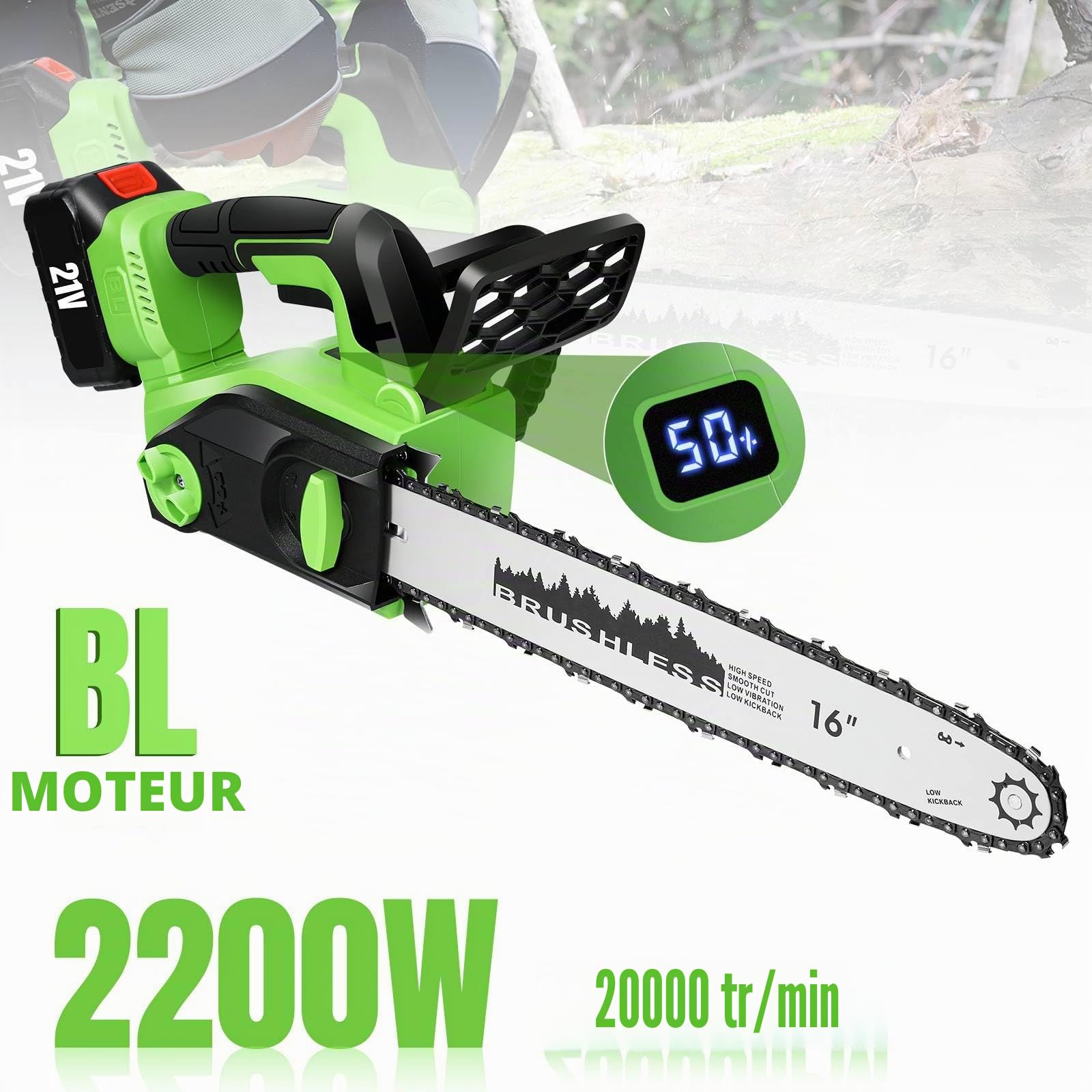 Tronconneuse Batterie 16 Pouces, 2200 W Tronçonneuse Électrique sans Fil avec 2 batteries de 4.0Ah, Écran LCD et Lubrification Automatique de La Pompe à Huile, pour Coupe Bois