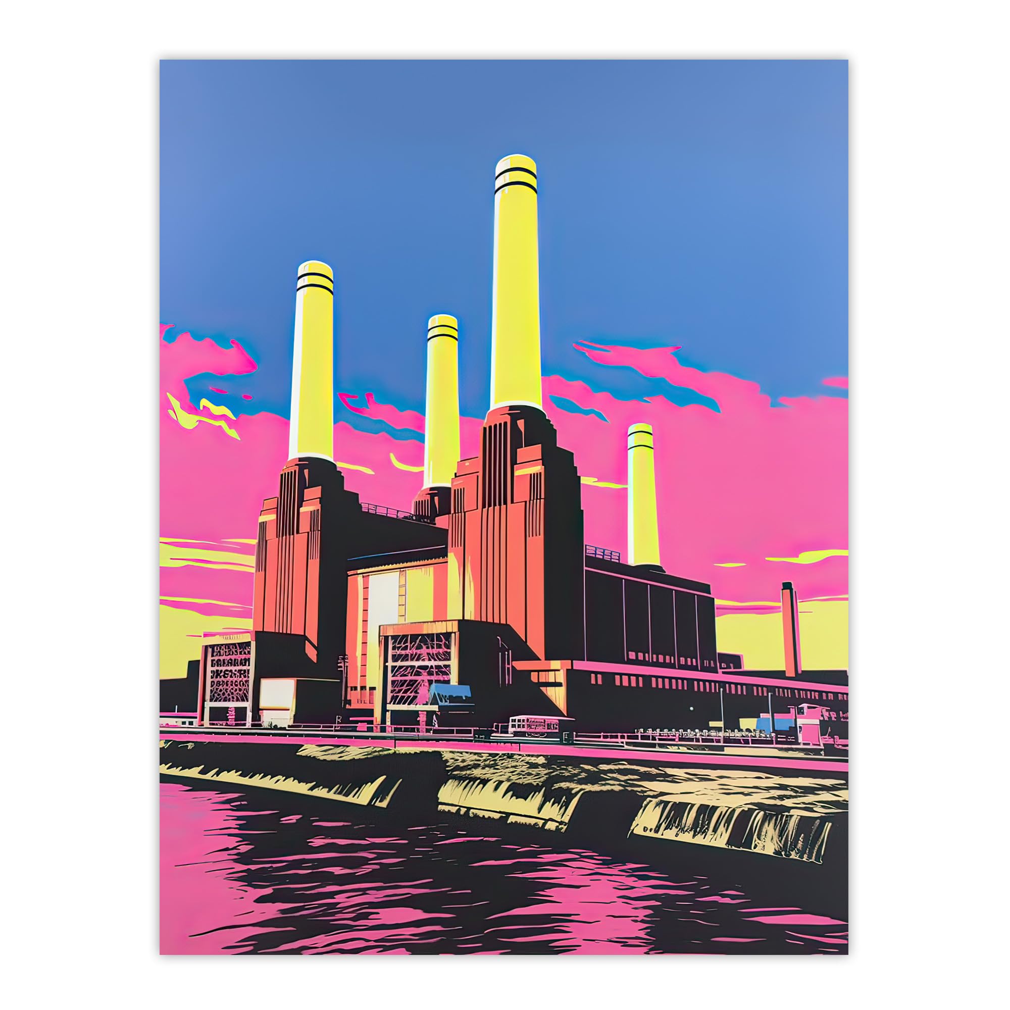 Artery8 Battersea Power Station Pop Art Artwork Vibrant Pink Yellow Blue River Thames London Landmark Extra Large XL Wall Art Poster Print