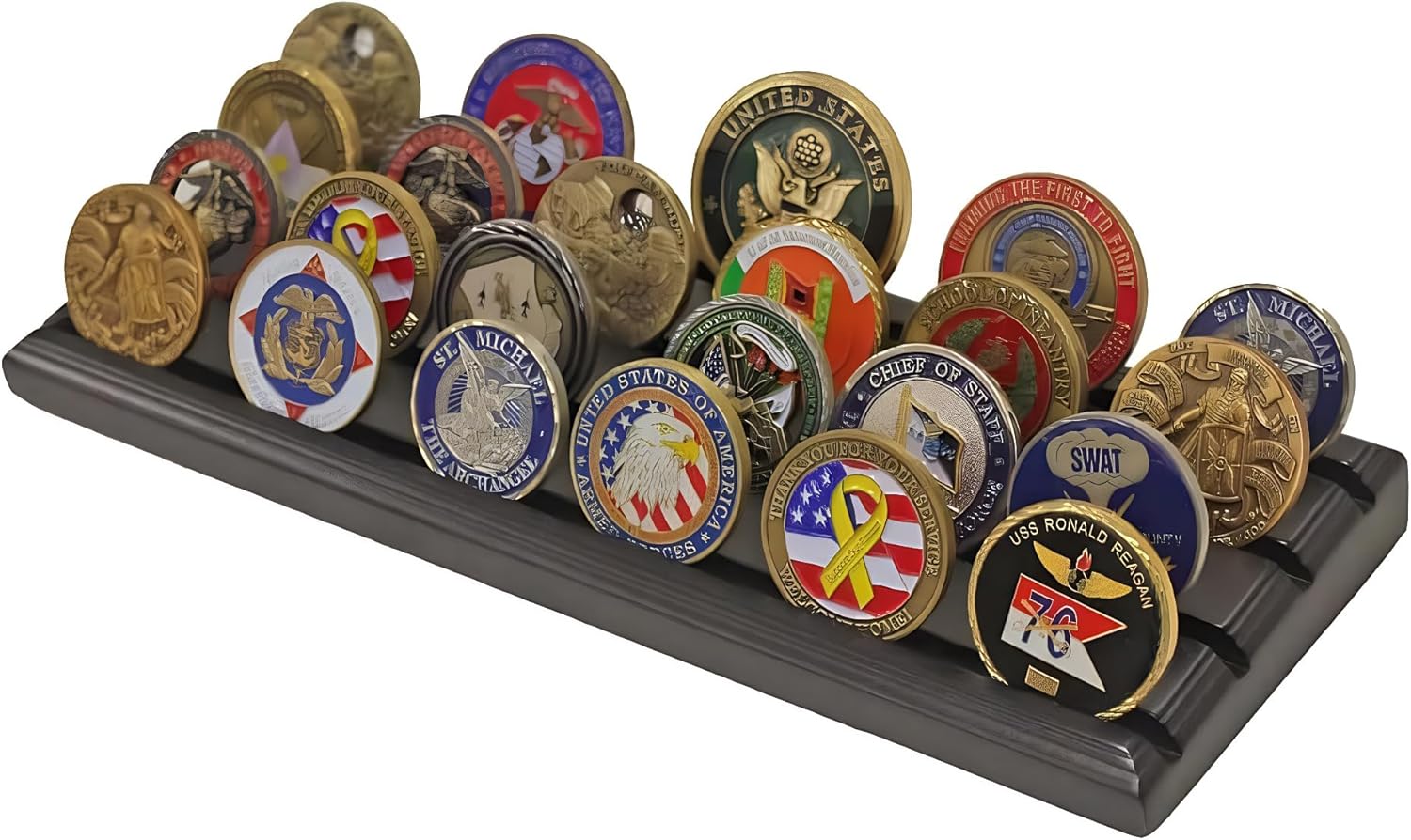 DisplayGifts Challenge Coin Display Stand 4 Row Wooden Holder Rack Case Holds 28 Coins Black Finish