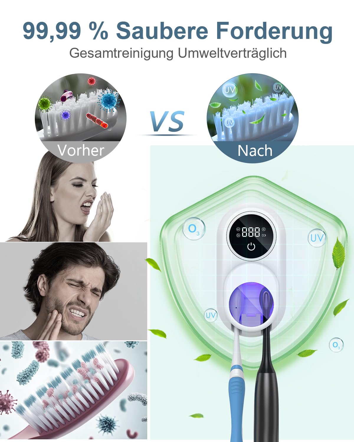 Sterilizzatore UV portaspazzolino, rilevamento automatico della rotazione, schermo LED, asciugatrice, supporto da parete per spazzolino elettrico, per 2 fessure per spazzolino da denti, bianco
