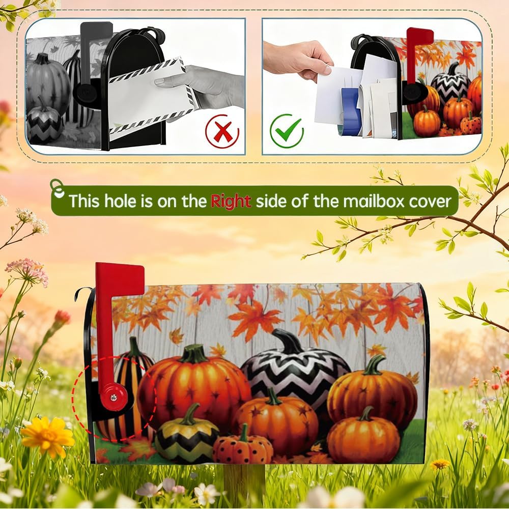 Pumpkin Magnetic Mailbox Cover with Maple Leaves, Waterproof Oxford Cloth Mailbox Wrap, Outdoor Garden Yard Home Decor for Standard Size 18" x 21"