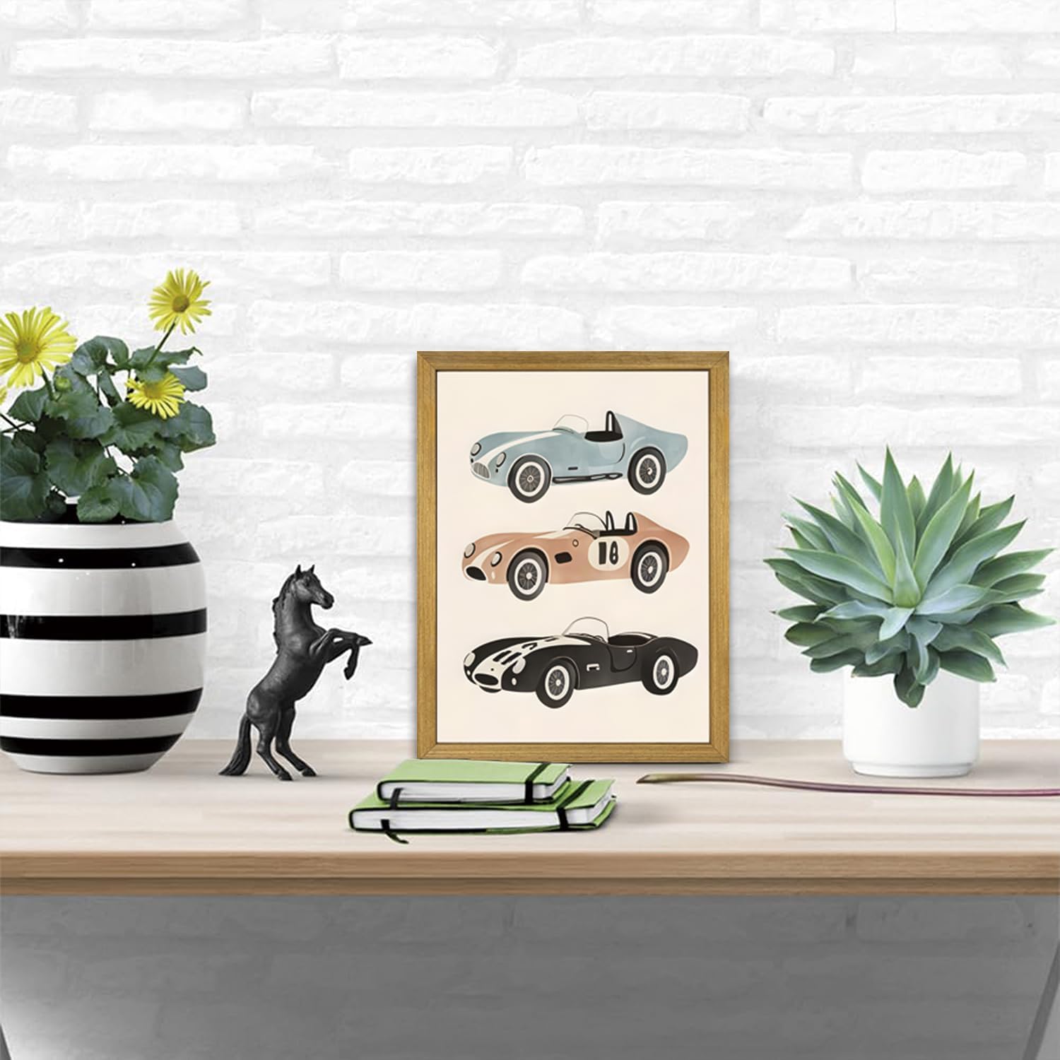 Wood Framed Vintage Race Car Wall Art, Retro Sports Car Canvas Print Poster Paintings, Kids Room Cute Artwork Decor for Boys Bedroom Nursery Playroom Living Room Wall Decor 12x16 Inch
