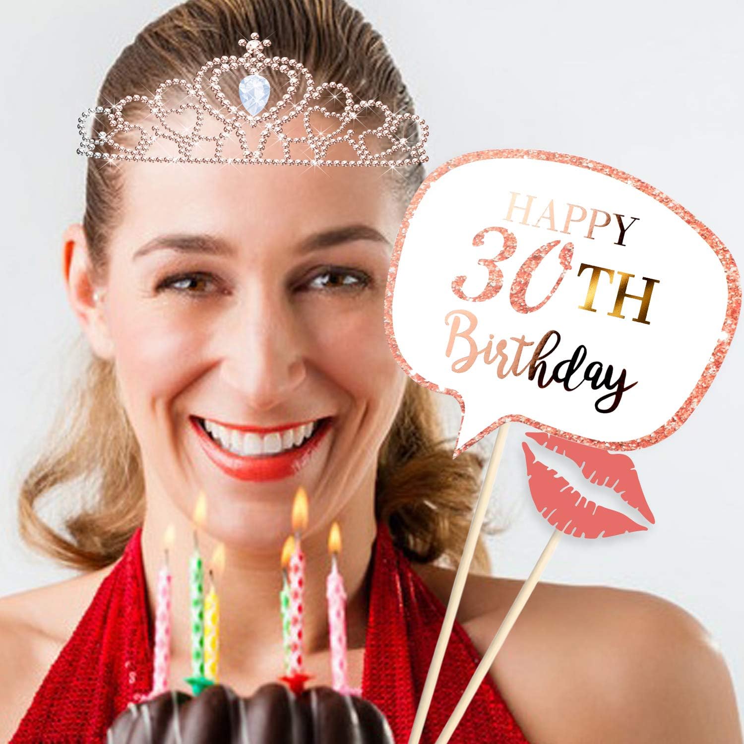 Rose Gold 30 Birthday Photo Booth Kit(32count),Konsait Funny Chic 30th Birthday Dirty Thirty Props with Sticks for Girls women 30 ROCK Thirtieth Happy Birthday Party Favors Supplies Bday Party Decorat