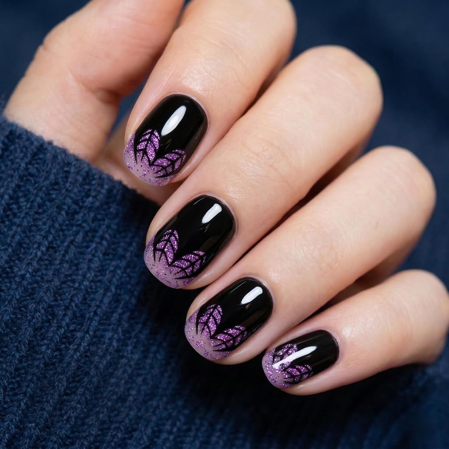 Semi Cured Gel Nail Strips Purple Glitter Gradient, Works on Natural & Extension Nails, Black Botanical Pattern UV Gel Nail Wraps for Party and Everyday Wear, 20 Pcs DIY Manicure Kit