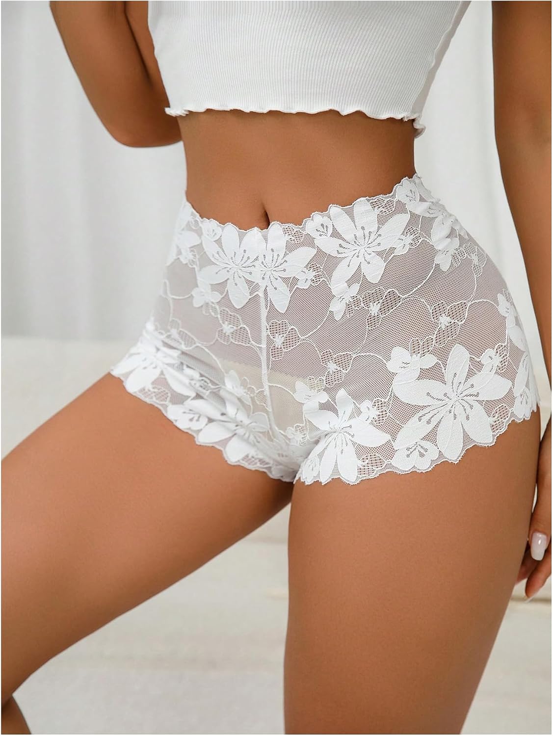 SHENHE Women's Lace Boyshorts Panty Sheer Mesh Cheeky Underwear Mid Rise Panty