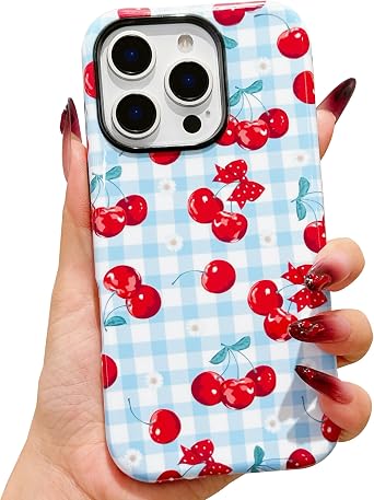 Designed for iPhone 16 Pro Max Phone Case,Cute Flowers Cherry Bow Pattern with Shockproof Slim Soft TPU Hard PC Protective Phone Cases Cover for Women Girls Aesthetic-Blue Cherry