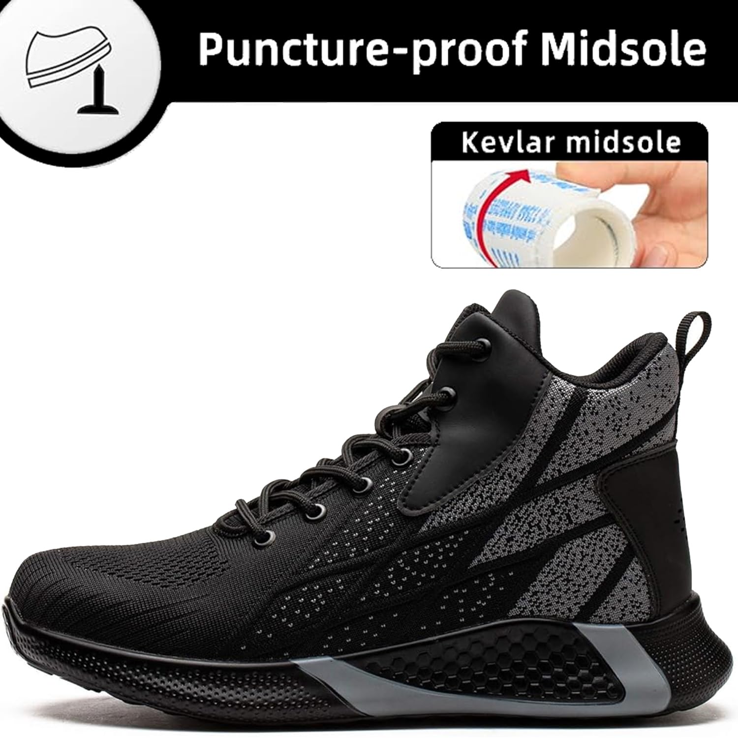 Buty Robocze Męskie Damskie Lekkie Wysoka Cholewka Obuwie Ochronne Antypoślizgo Weoddychające Buty Budowlane Komfortowy 8081/Czarny 46