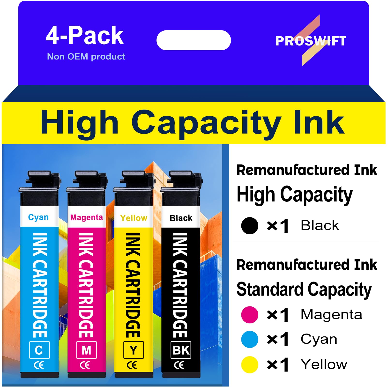 Remanufactured Replacement for Ink Cartridge(2 Black, Cyan, Yellow, Magenta)