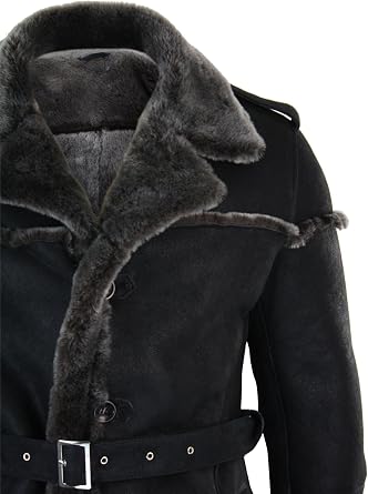 Infinity Mens Double Breasted Real Sherling Navy Captain Sheepskin Jacket Belted Grey Black