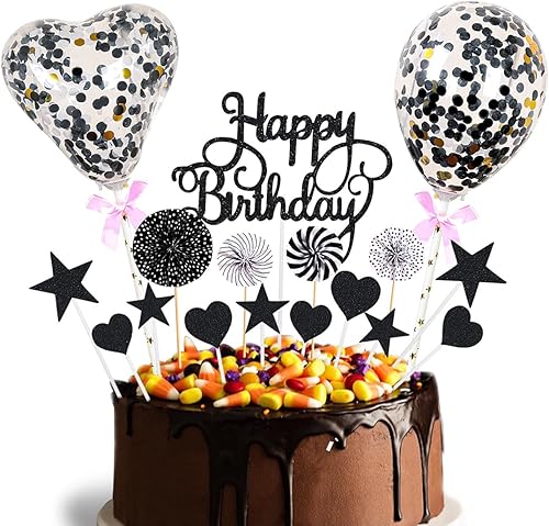 Miniatura 3 de Daimay Decoración de pastel de cumpleaños negra con purpurina acrílica para decoración de pastel de cumpleaños número 50 con confeti, abanicos de