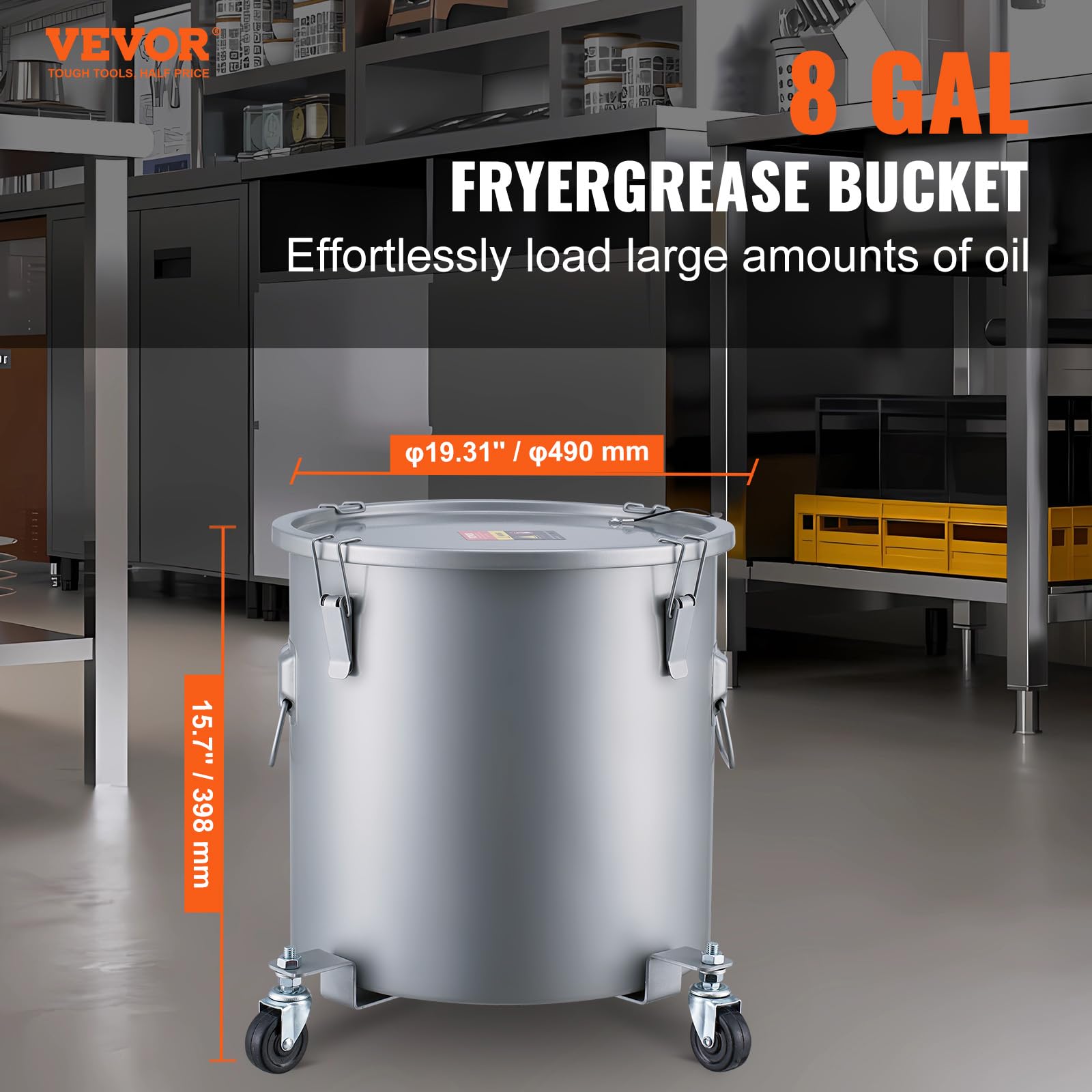 VEVOR Recolector de aceite y grasa usados ​​sobre ruedas 30L, Tambor de recolección de aceite para freidora de acero al carbono, Depósito de aceite con tapa, Clips de bloqueo, Bolsa de filtro, Gris