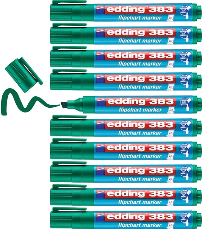 Edding 383-004 - Caja con 10 Marcadores para Flipchart con Punta Biselada - Trazo 1,5-3 mm - Verde