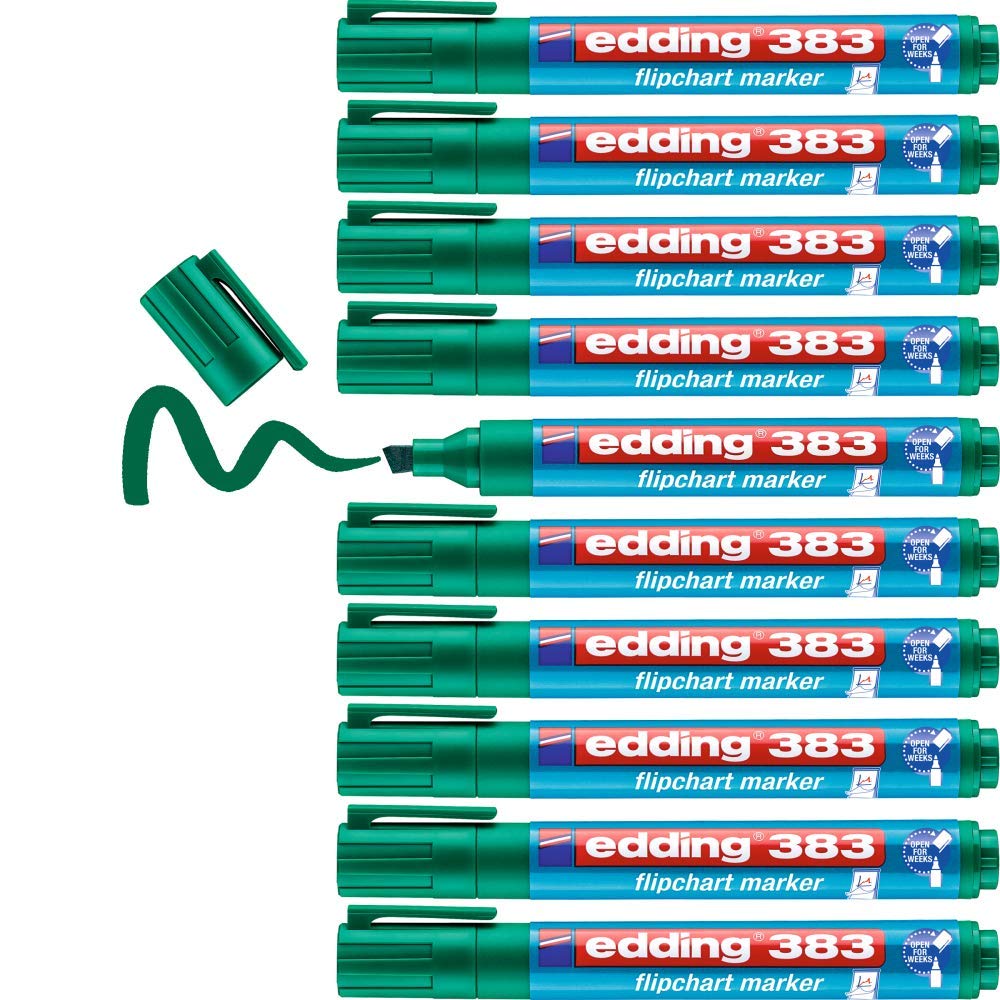 edding 383 flipchart marker - green - box of 10 - chisel nib 1-5 mm - marker for writing, drawing and marking on flipchart paper - does not bleed through - does not dry out