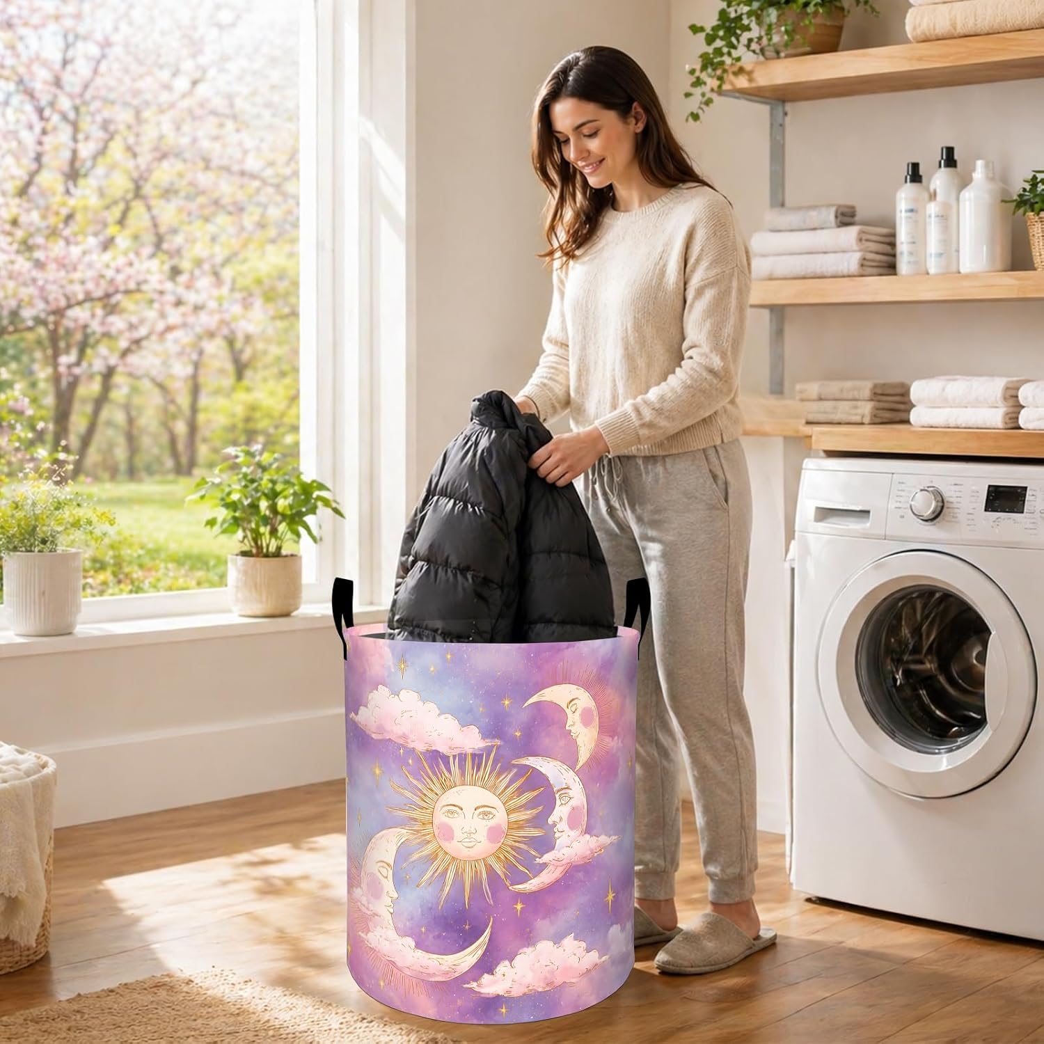 Sun and Moon Laundry Basket, Cloud Star Sky Purple Pink Oxford Cloth Dirty Clothes Collapsible Hamper for Room Decor, Celestial Gifts, Toy Organizer 19.7 x 15.7 Inches for Bedroom Bathroom Dorm image 2
