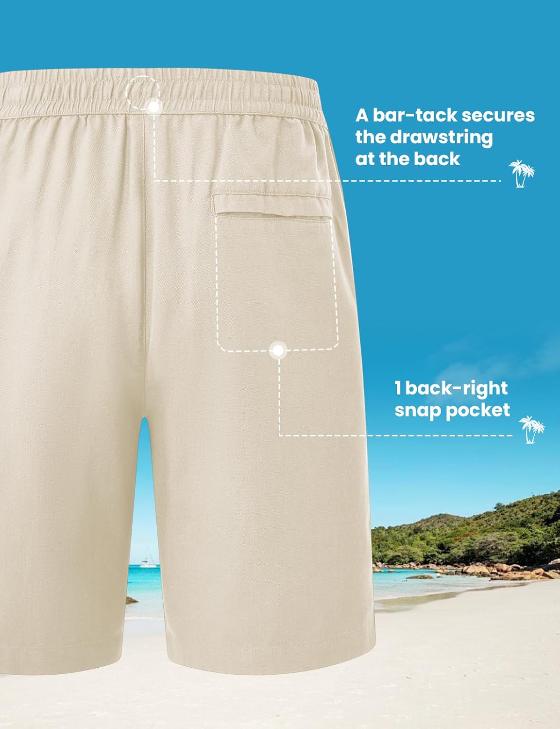 TBMPOY Mens Linen Casual Shorts Zipper Pocket Elastic Waist Drawstring Summer Beach Vacation Short