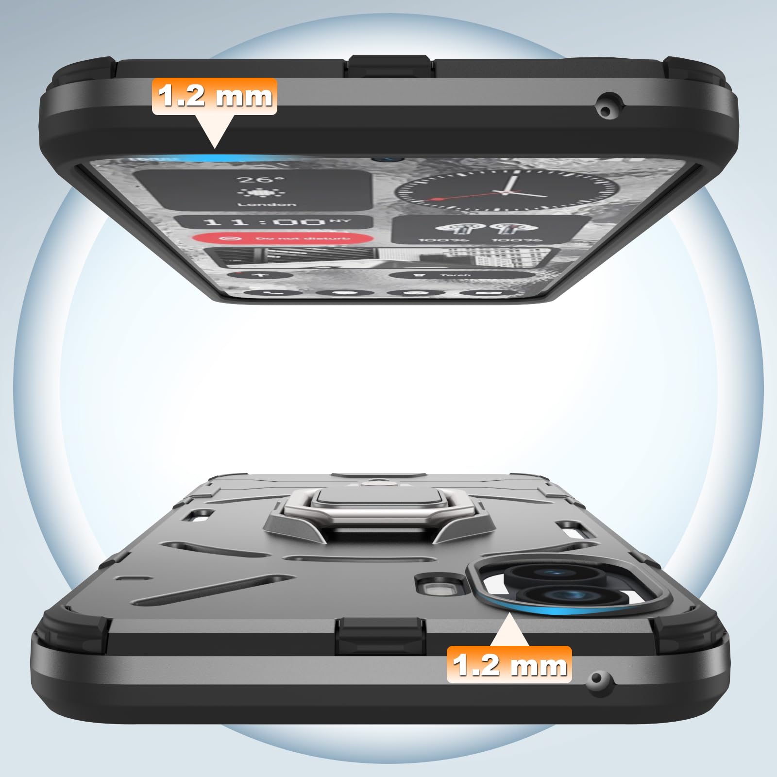Cover Antiurto Per Nothing Phone (2) - Custodia Con Supporto Magnetico 360° E Anello Portadito - Doppio Strato TPU E PC - Nero
