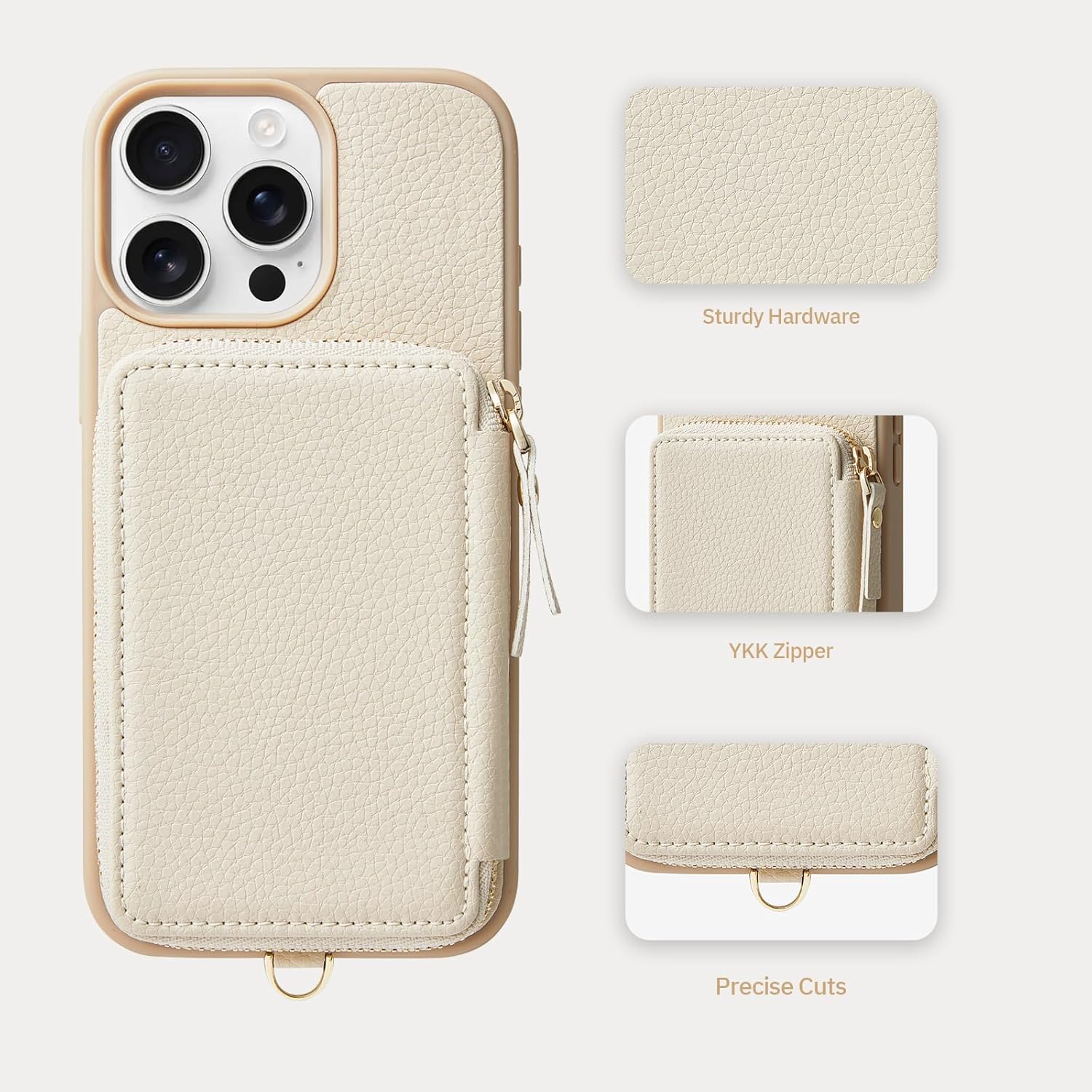 ZVE Compatible with iPhone 16 Pro Max Wallet Case, Zipper Leather Card Holder with RFID Blocking with Wrist Strap for Women for iPhone 16 Pro Max, 6.9"-Beige - Image 5