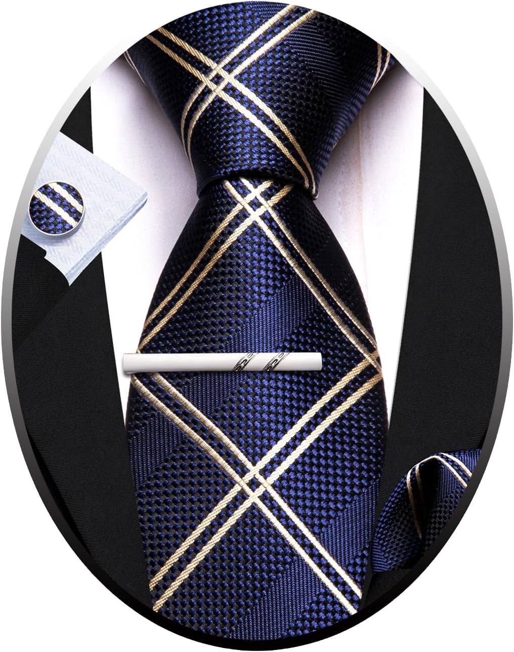 Barry.Wang Tie Sets for Men Plaid Necktie Silk Woven Checkered Handkerchief Cuff Links with Clip Business