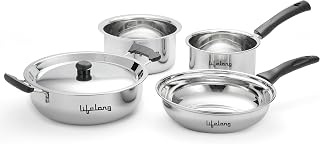 Lifelong 4 Pc Stainless Steel Cookware Set 2.2L Kadhai with Lid 22cm 1.4L Fry Pan 22cm 1.2L Saucepan 14cm 1.4L Tope 16cm Comes with Common Lid Induction & Gas Compatible Bakelite Handles