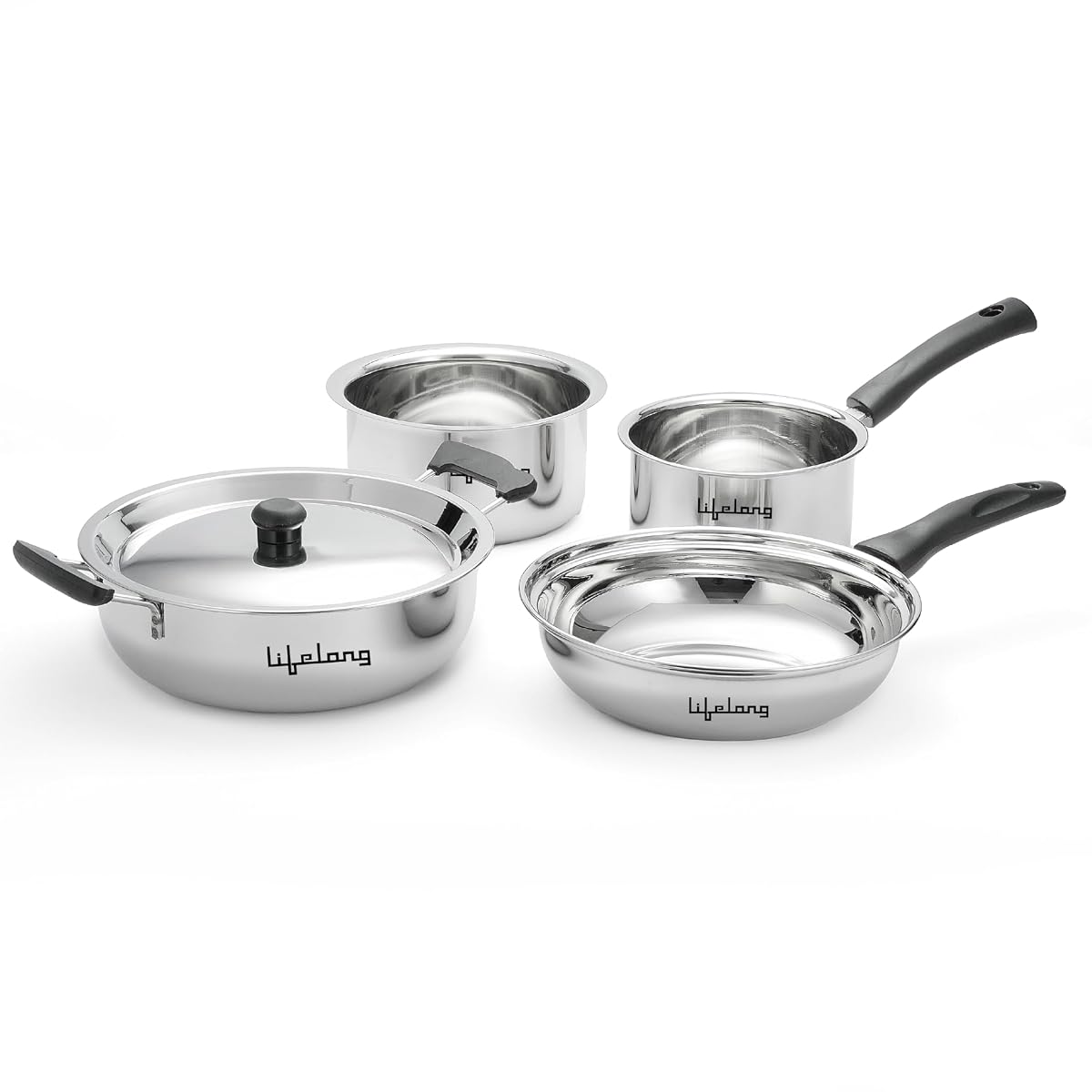 4 Pc Stainless Steel Cookware Set | 2.2L Kadhai with Lid 22cm | 1.4L Fry Pan 22cm | 1.2L Saucepan 14cm |1.4L Tope 16cm | Comes with Common Lid | Induction & Gas Compatible |Bakelite Handles Online at Low Prices in India