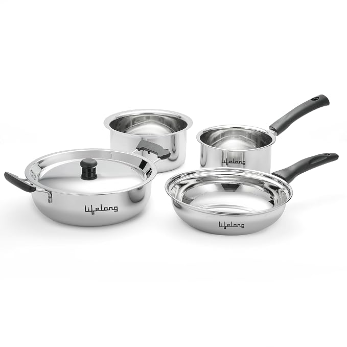Lifelong 4 Pc Stainless Steel Cookware Set | 2.2L Kadhai with Lid 22cm | 1.4L Fry Pan 22cm | 1.2L Saucepan 14cm |1.4L Tope 16cm | Comes with Common Lid | Induction & Gas Compatible |Bakelite Handles