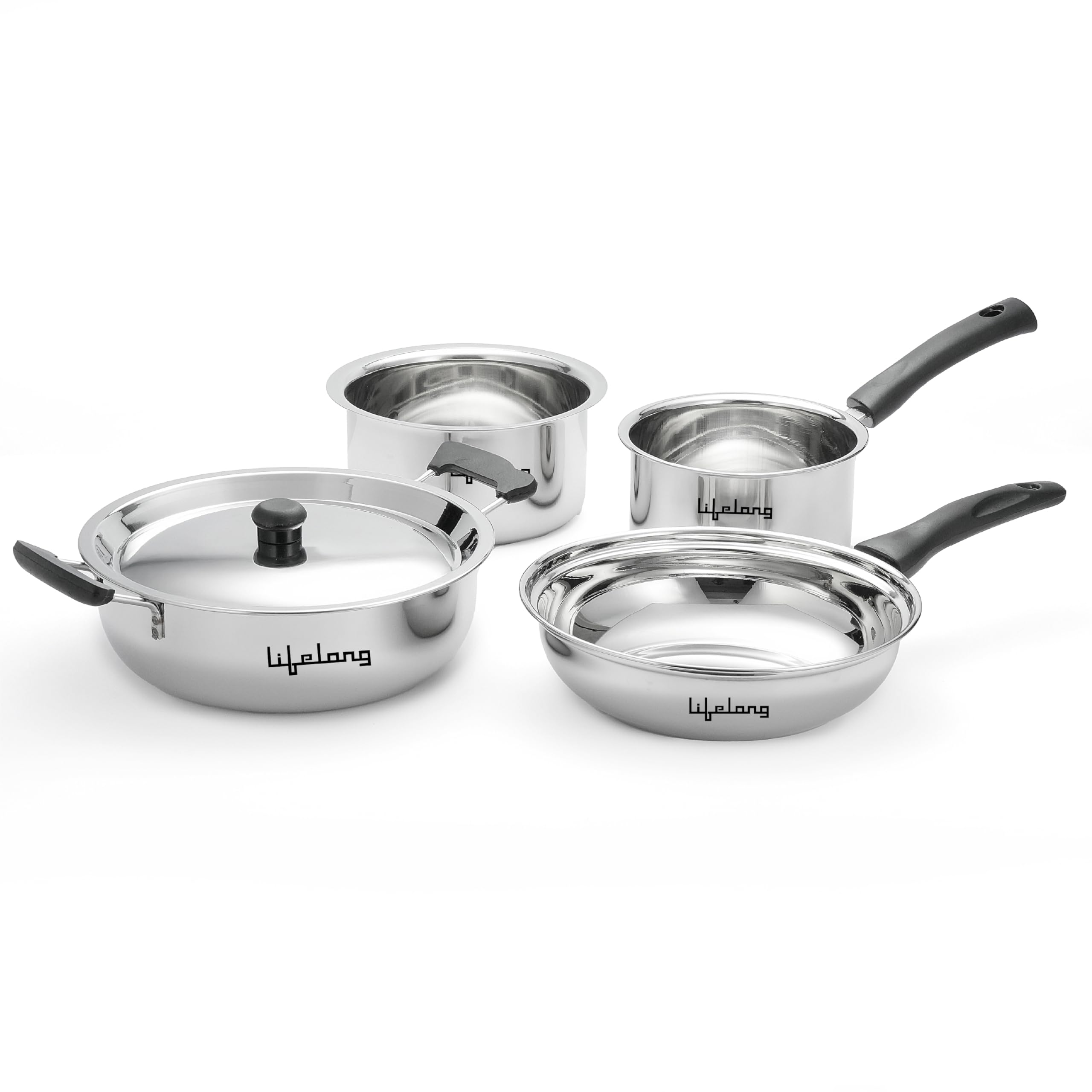 Lifelong 4 Pc Stainless Steel Cookware Set | 2.2L Kadhai with Lid 22cm | 1.4L Fry Pan 22cm | 1.2L Saucepan 14cm |1.4L Tope 16cm | Comes with Common Lid | Induction & Gas Compatible |Bakelite Handles-image-5