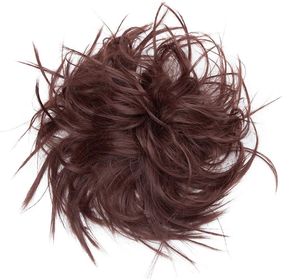 Tousled Updo Messy Bun Hair Piece Scrunchies Hair Synthetic Wavy Bun Extensions Fluffy Updo Scrunchy Chignon with Elastic Rubber Band Wrap on Donut Ponytail Hairpieces Dark Auburn - Image 3