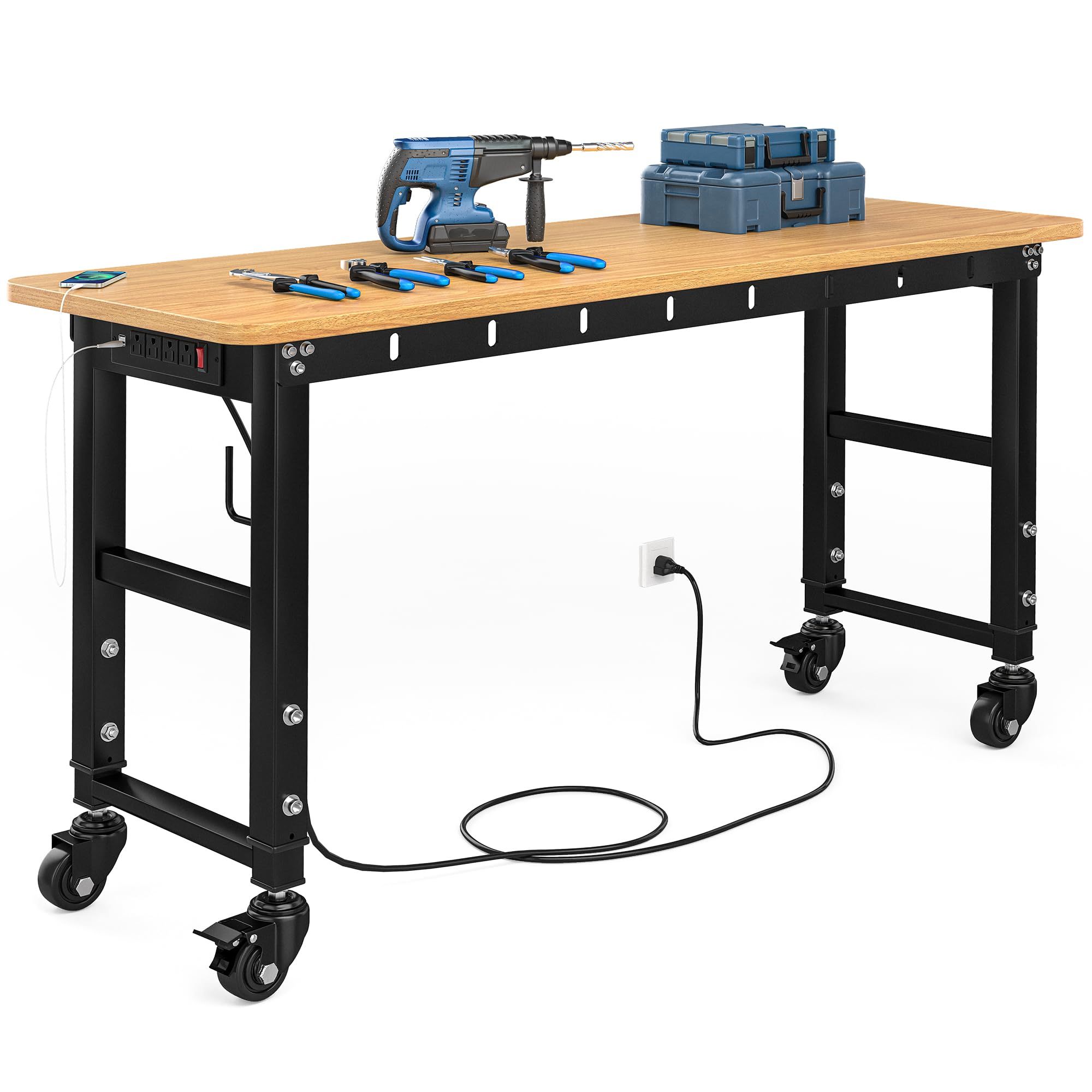 YITAHOME 60 Inch Work Bench with Wheel, Adjustable Height Workbench for Garage, Heavy Duty Work Bench with Pegboard & Power Outlets, 1600 LBS Load Capacity, Rolling Workbench for Workshop, Office